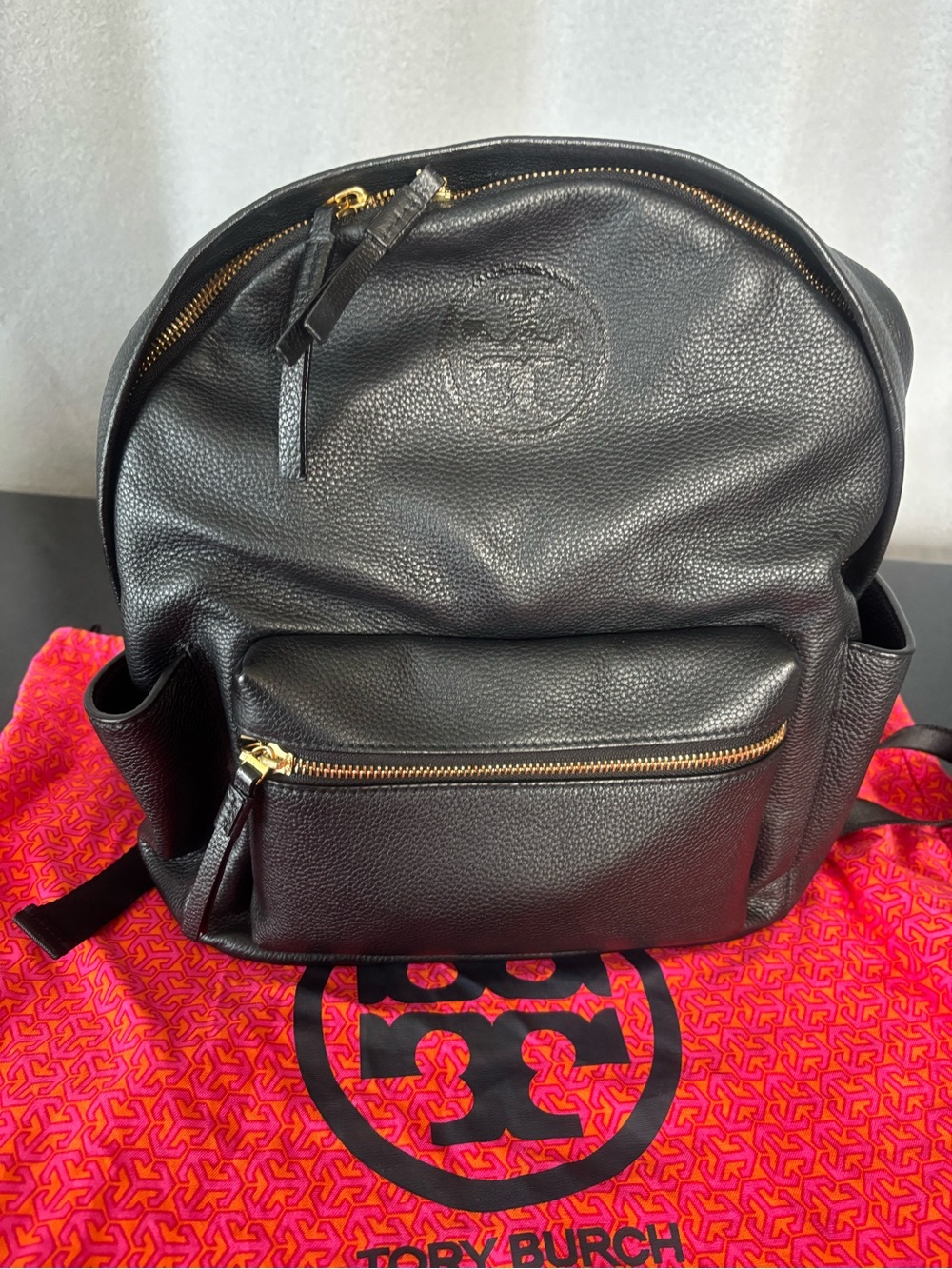 Tory Burch Perry Bombé Black Leather Backpack with Gold Hardware